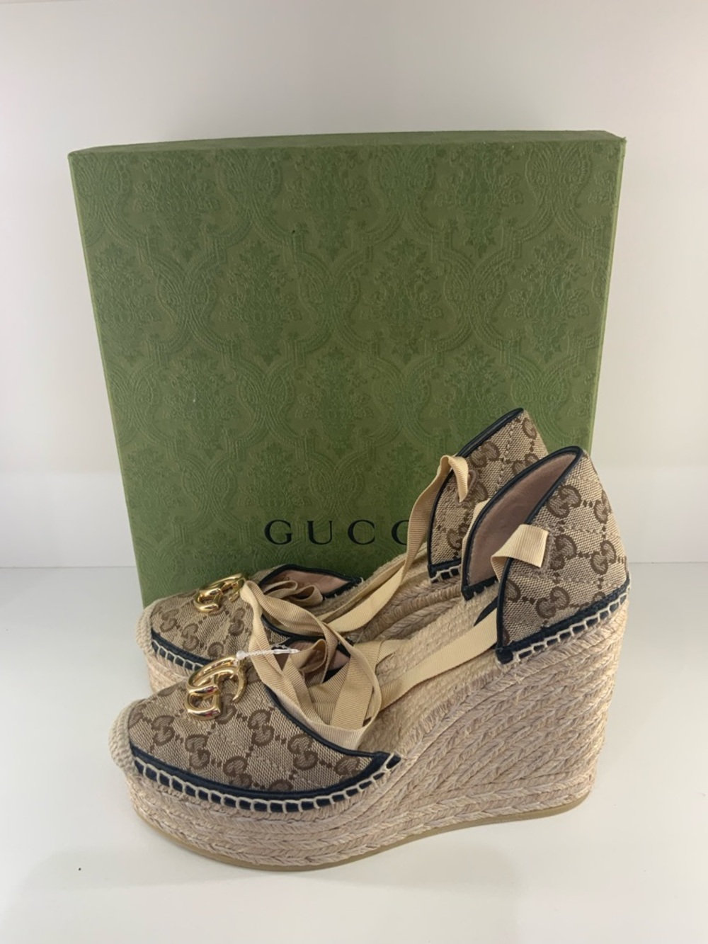Pre Owned Gucci Beige Brown GG Canvas Espadrille Wedges Shoes with Gold GG w Box - Picture 7 of 8